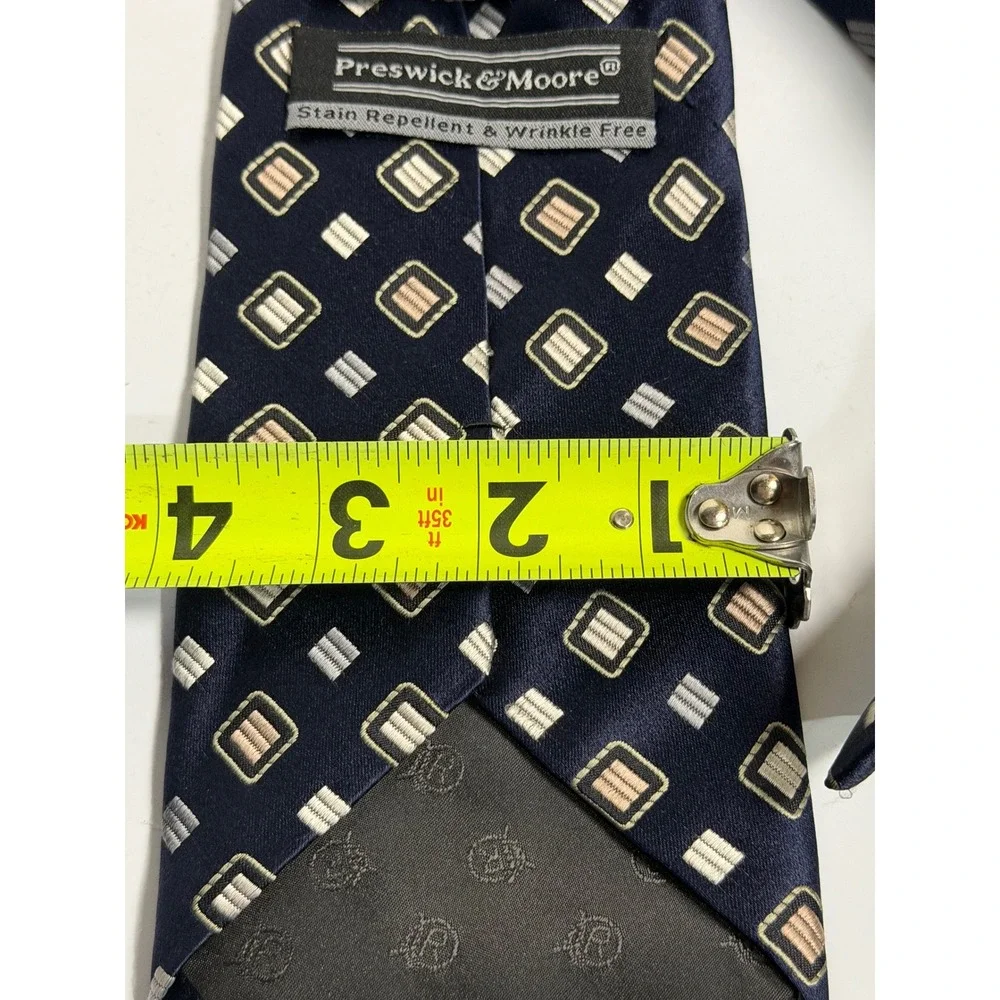 Preswick & Moore Necktie Navy Blue Geometric Silk Stain Repellent Wrinkle Free